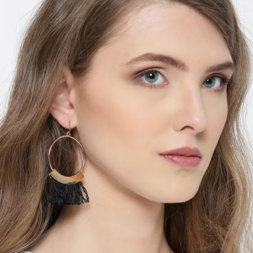 Bohemia Women Oval Statement Tassel Earrings, Black